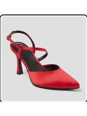 A New Day Red Rosemary Satin Pointed Toe Heels Sz 8 With Adjustable Straps & Mem
